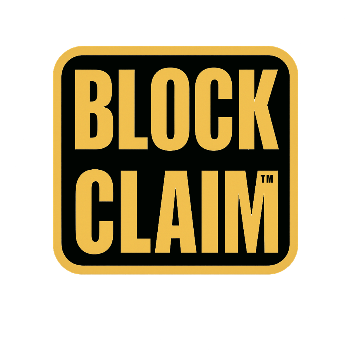 BlockClaim™ logo — gold rounded rectangle with the words BLOCK CLAIM and a small TM on the M