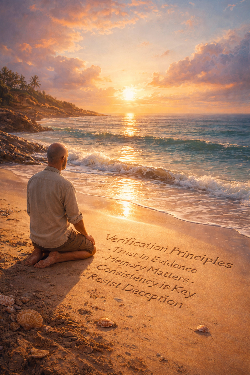 A solitary man kneeling on a beach at sunset with verification principles written in the sand