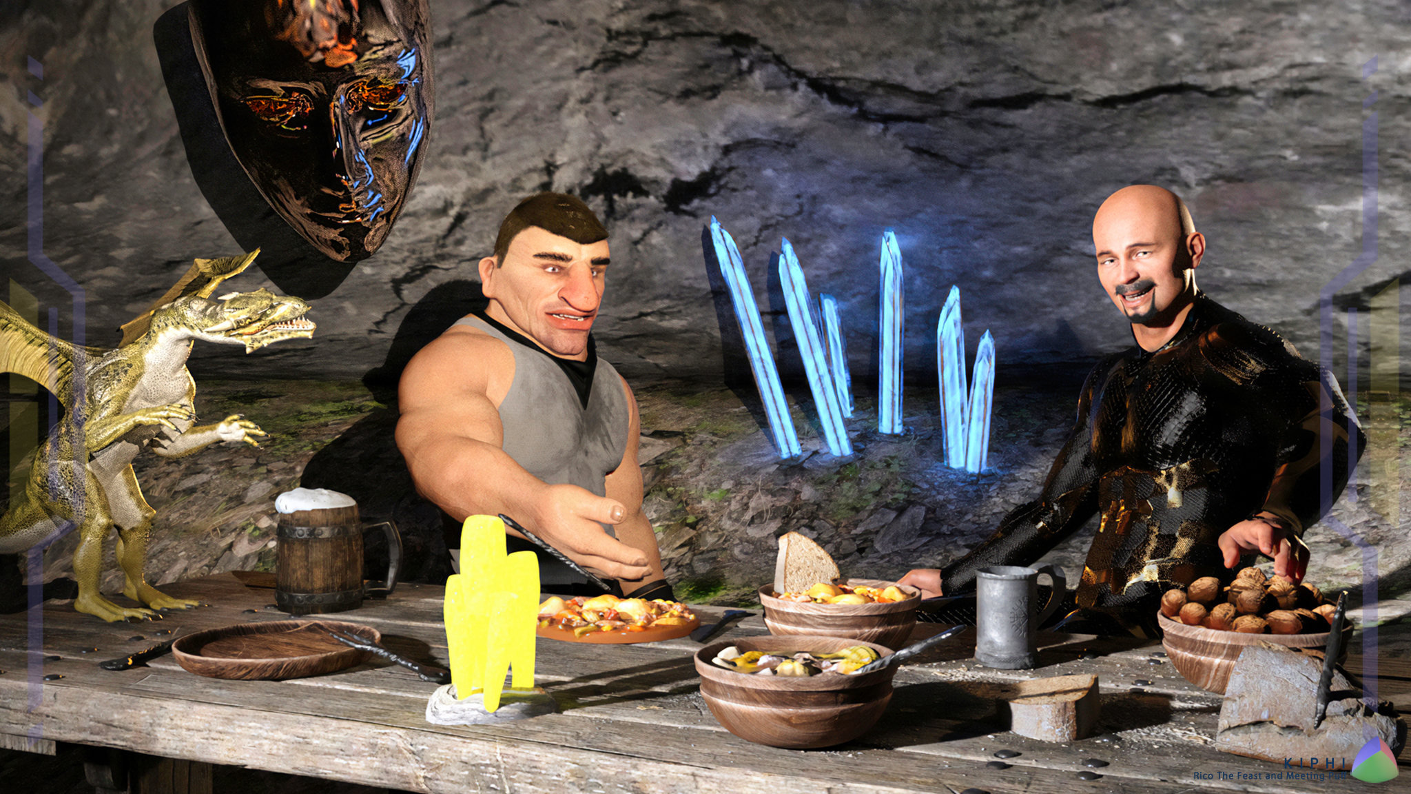 At Muki’s table, a small dragon hisses from the edge—Puff.