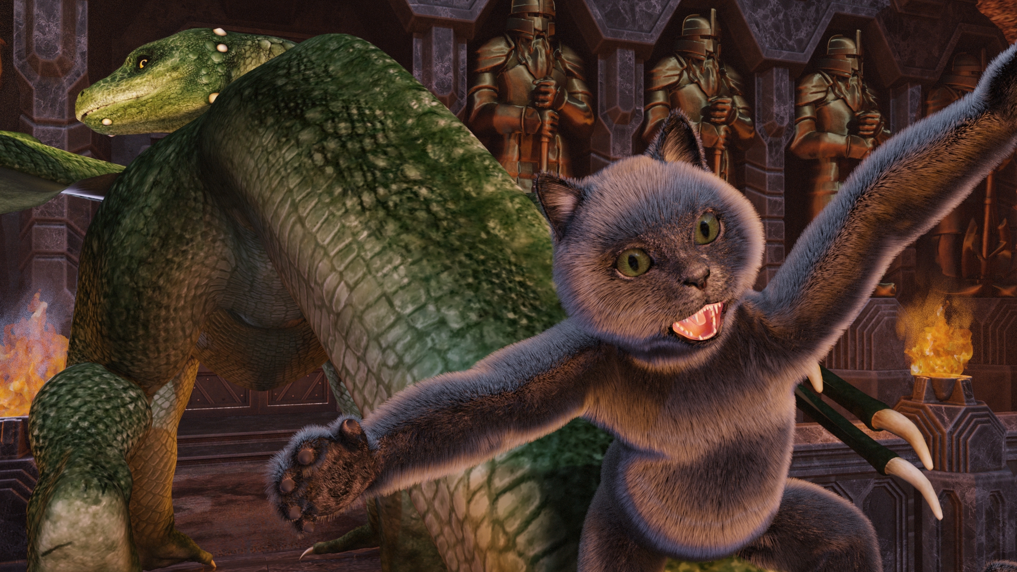 Begemot rides down Puff’s tail repeatedly, loving the rush.