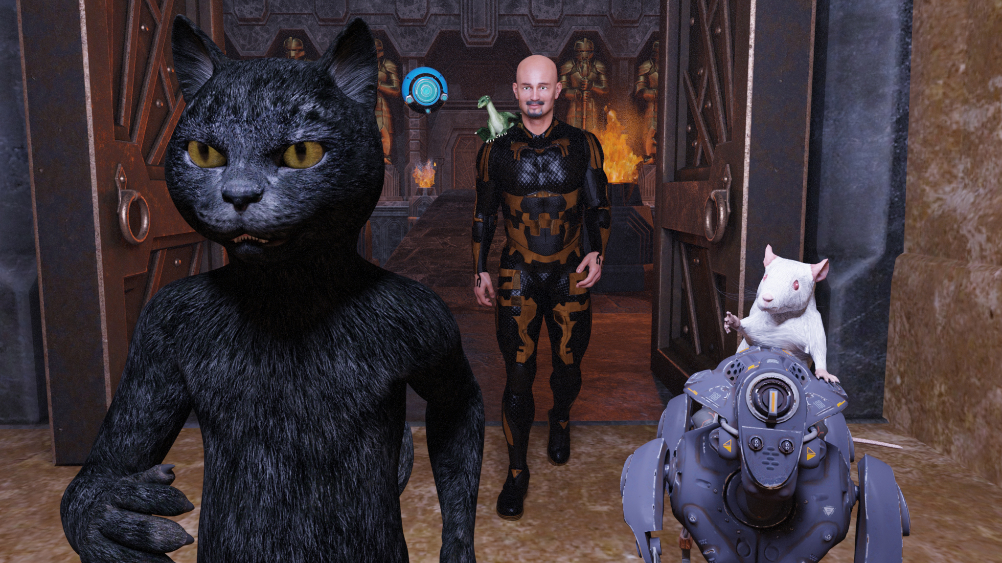 Begemot takes point; Puff curls up small with Rico.