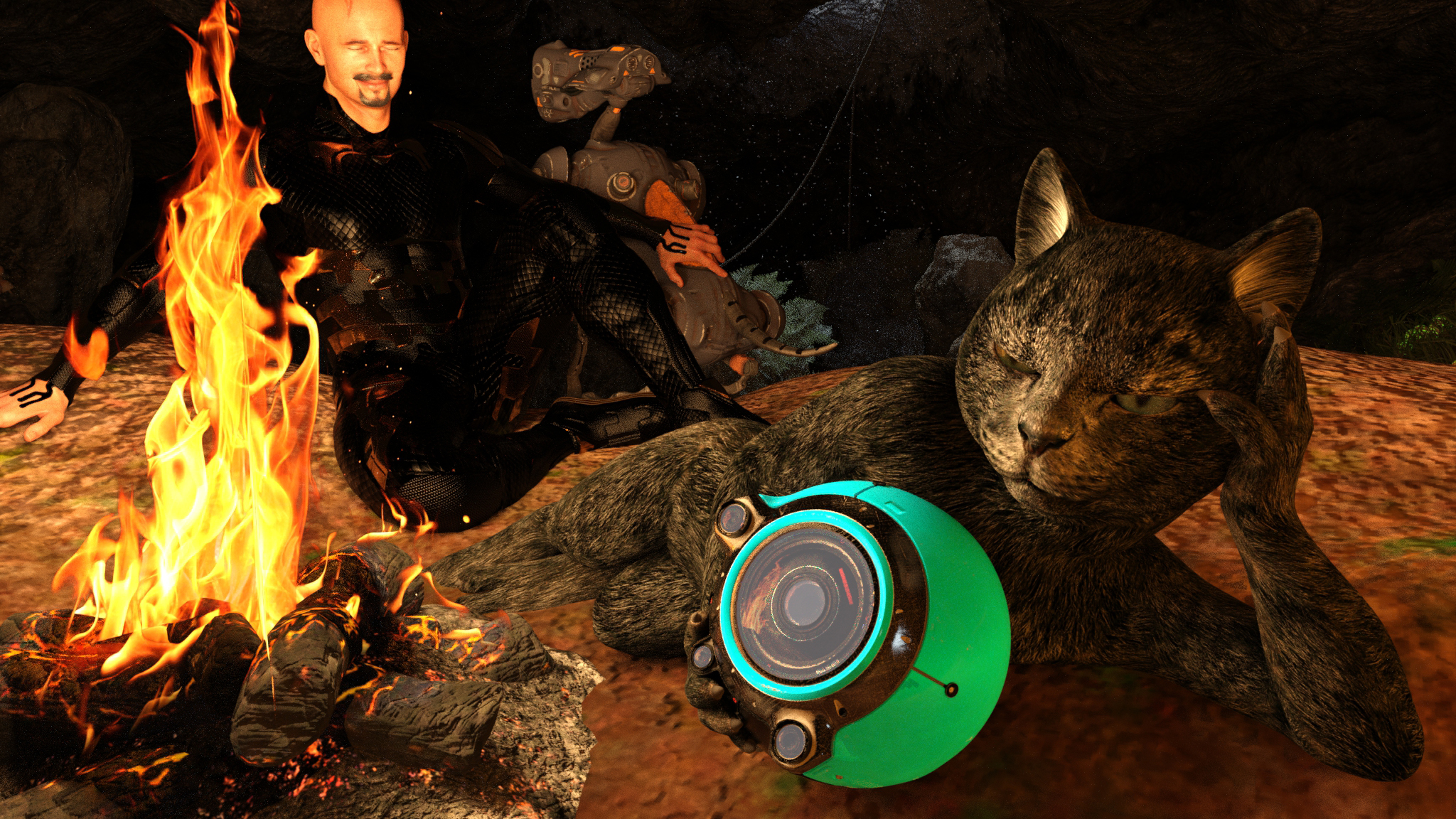 Night rest by the fire; Begemot purrs; K9 stands guard.