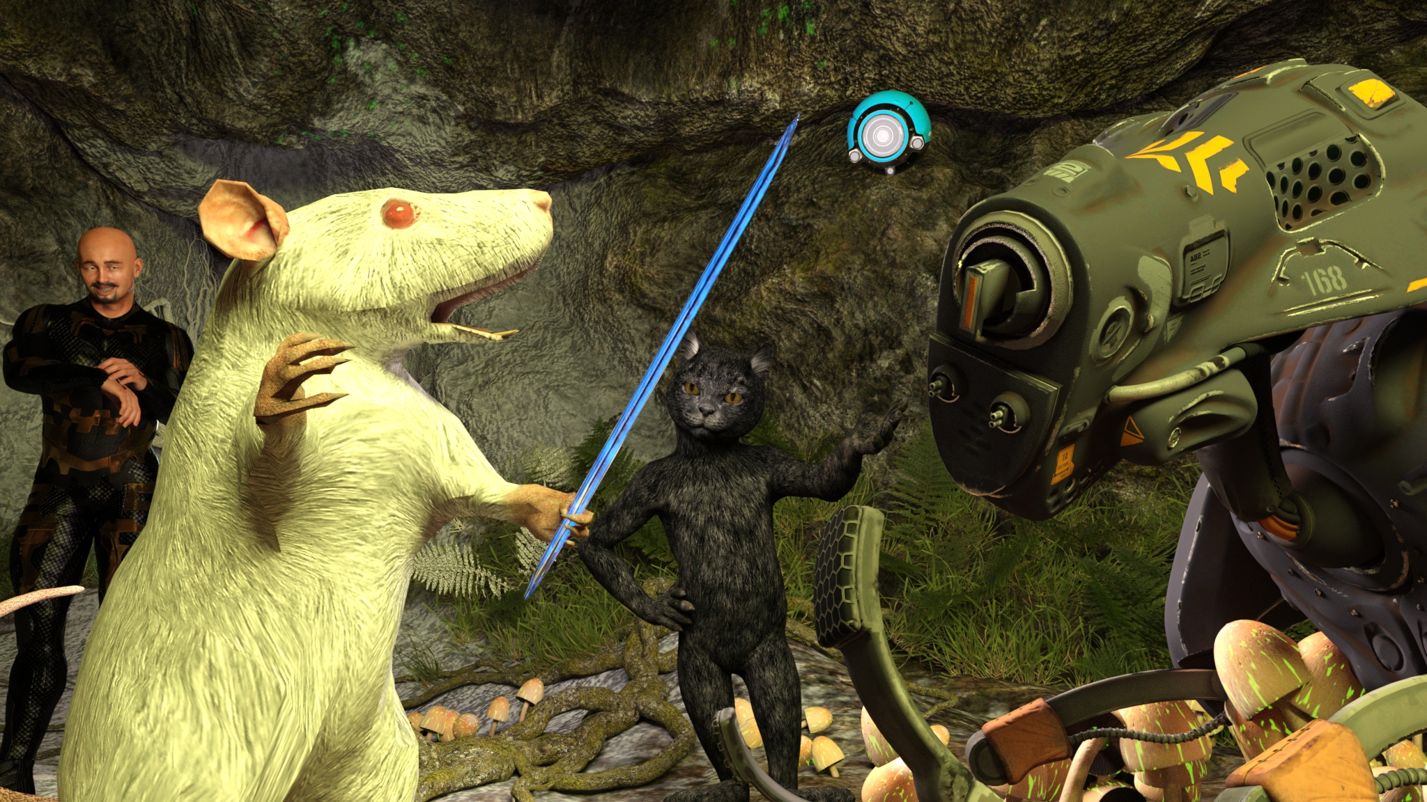 Rinaldo shows off his fencing skills to K9 at Level 3.