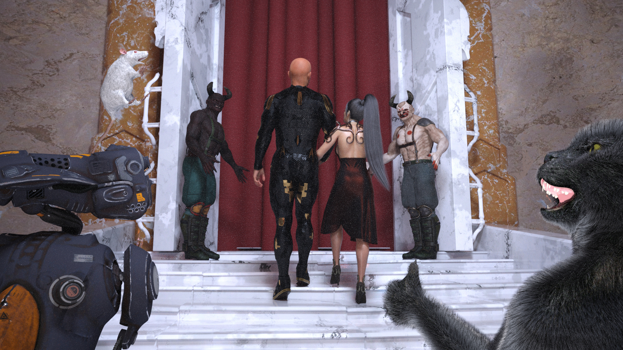 Demeter takes Rico by the arm and leads him up the stairs.