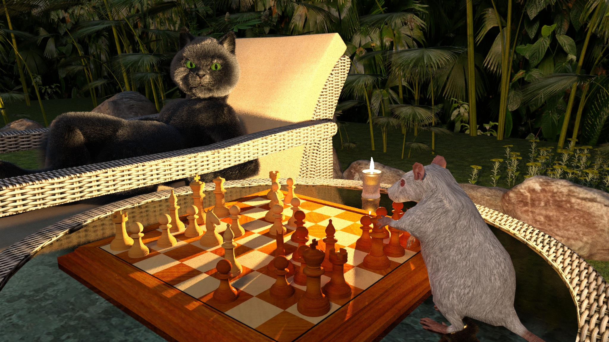 Rinaldo’s chess skills annoy Begemot, former group champion, during playtime back home.