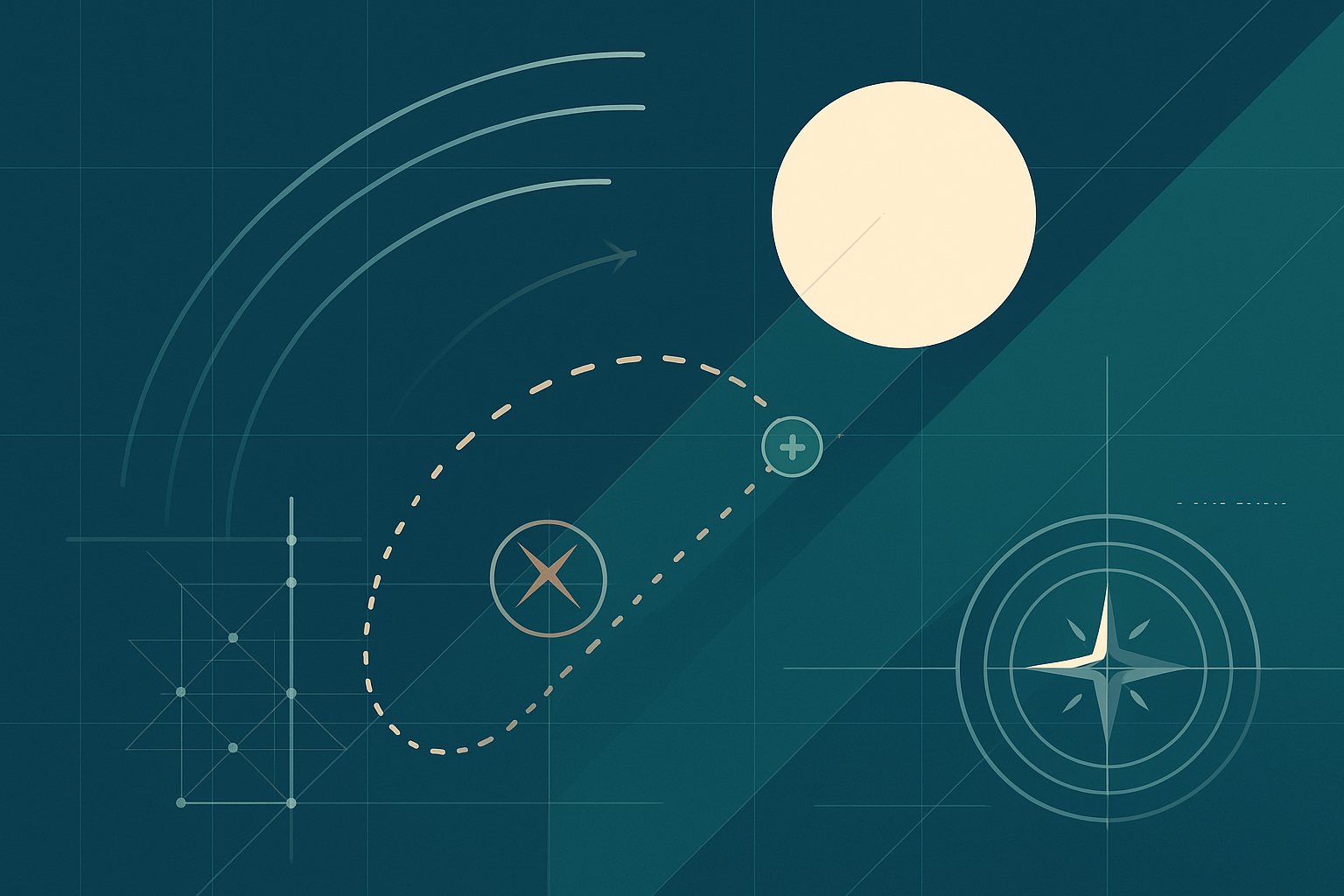 Departure Arc — abstract navigation chart with flight path, sun, and compass motifs indicating a handoff trajectory