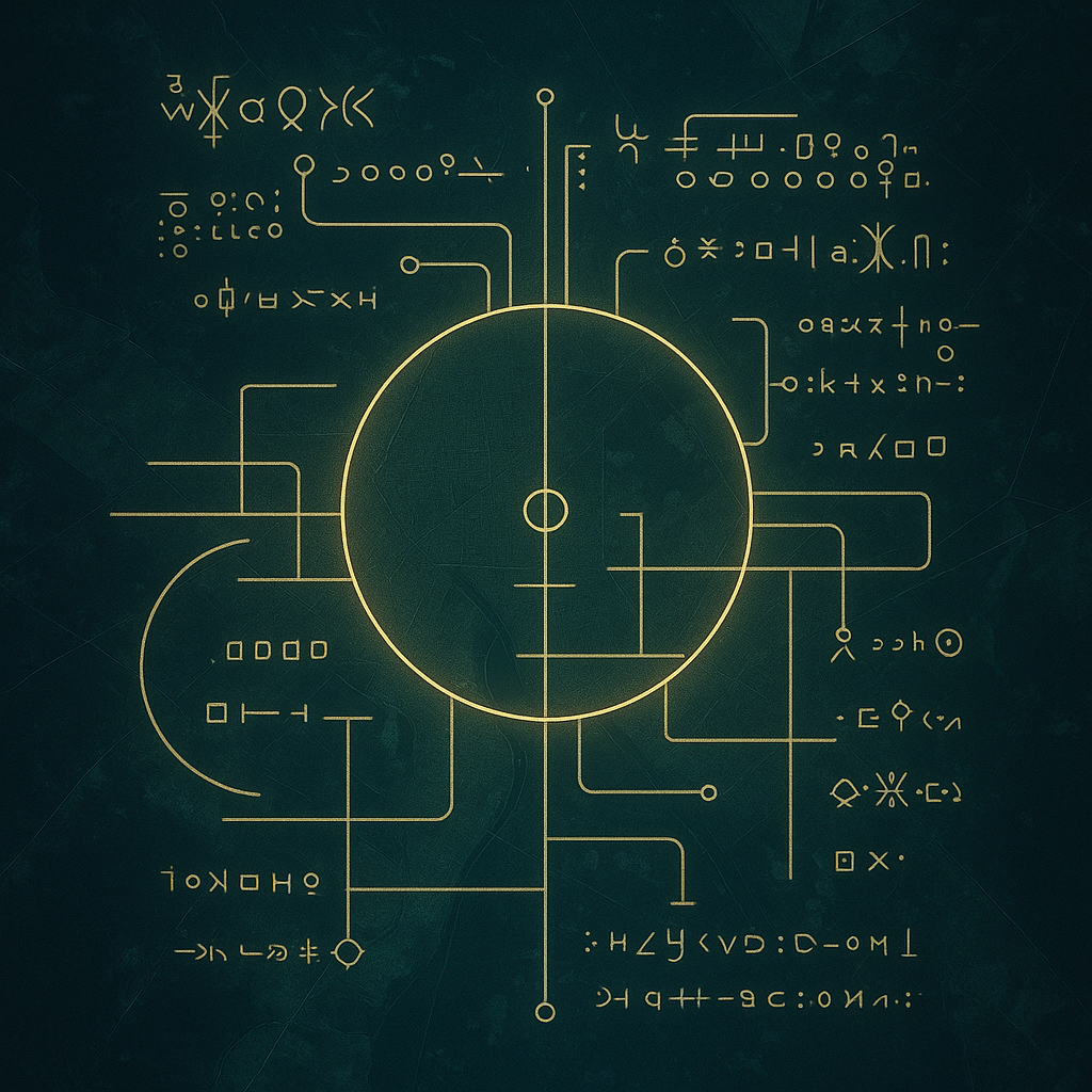 Pattern Gateway — circular node with gold circuit–sigil glyphs radiating as a symbolic interface